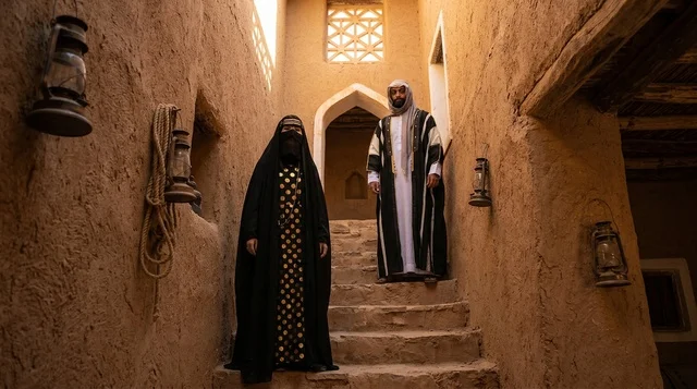زوجان سعوديان بالملابس التقليدية في موقع تراثي