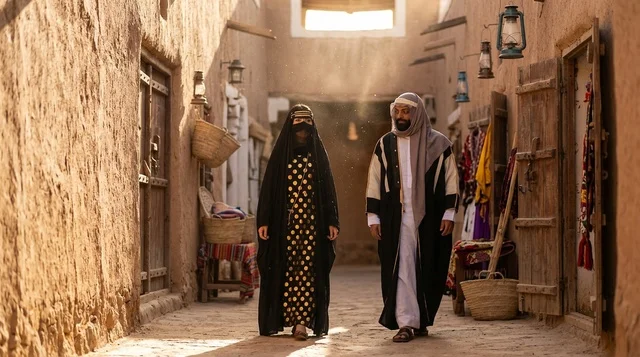 زوجان سعوديان بالزي التقليدي في قرية تراثية تاريخية
