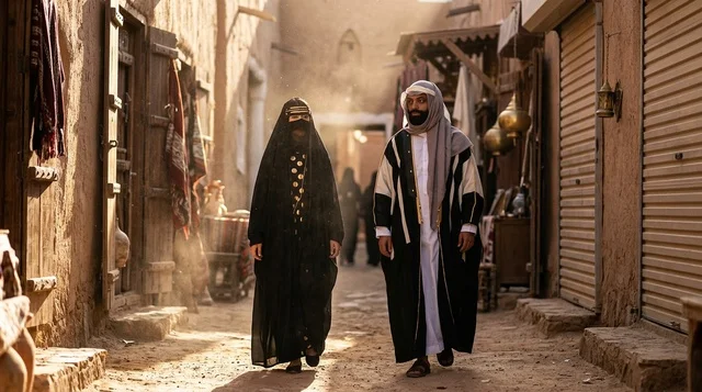 رجل وامرأة بملابس سعودية تقليدية في سوق تراثي