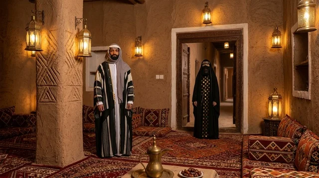 Saudi Couple Traditional Mud House Lantern Lighting