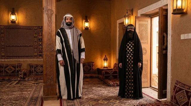 رجل وامرأة سعوديان في مجلس تراثي قديم