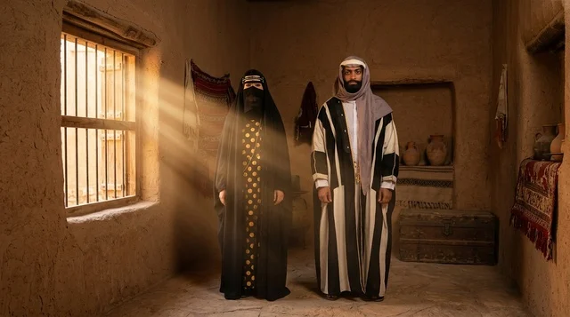 رجل وامرأة بالزي السعودي التقليدي داخل بيت تراثي