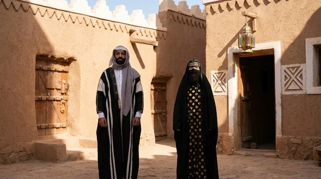 رجل وامرأة بالزي السعودي التقليدي في قرية تراثية
