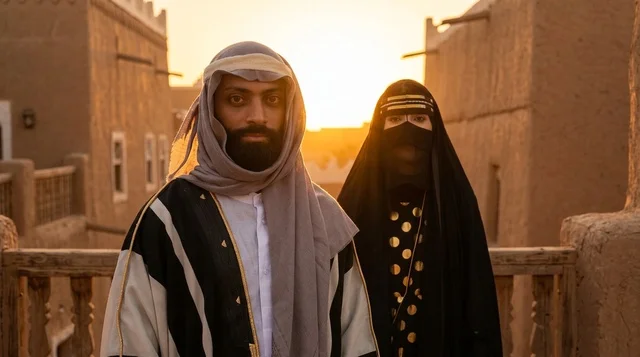 رجل وامرأة باللباس السعودي التقليدي في قرية تراثية