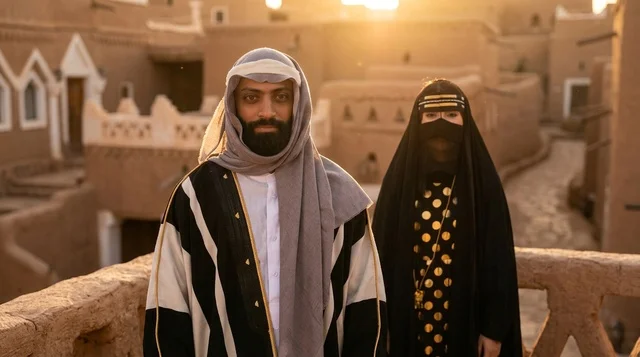 رجل وامرأة سعوديان بالزي التقليدي في قرية تراثية