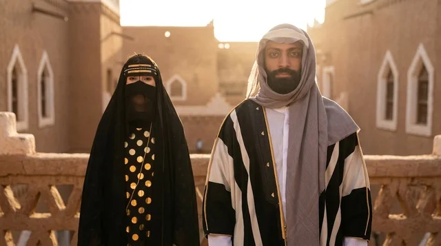 زوجين سعوديين بالزي التراثي التقليدي وقت الغروب