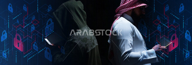 رجل أعمال عربي خليجي سعودي يقوم بالتواصل مع متسلل ( هكر )  يعمل في مجال الإختراق الأمني ، حماية الحاسوب المحمول من الهجمات الاكترونية ، الحفاظ على البيانات الشخصية و الدخول الامن ، مفهوم أمن تكنولوجيا المعلومات ، خلفية لمجموعة أقفال أمان للشبكات