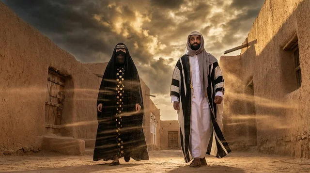 Saudi Couple in Traditional Clothing at Ancient Mud Village