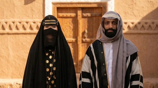 رجل وامرأة سعوديان بالزي الشعبي أمام بيت طيني قديم