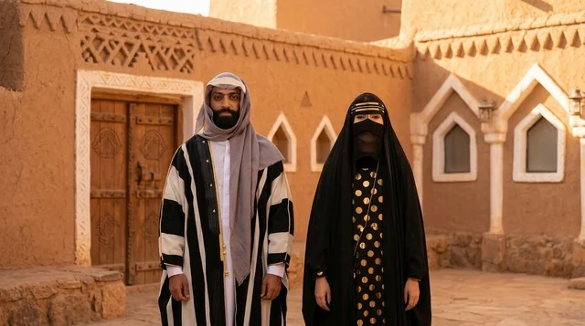 رجل وامرأة سعوديان بملابس تراثية في قرية قديمة