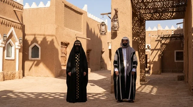 رجل وامرأة بالزي السعودي التقليدي في قرية تراثية