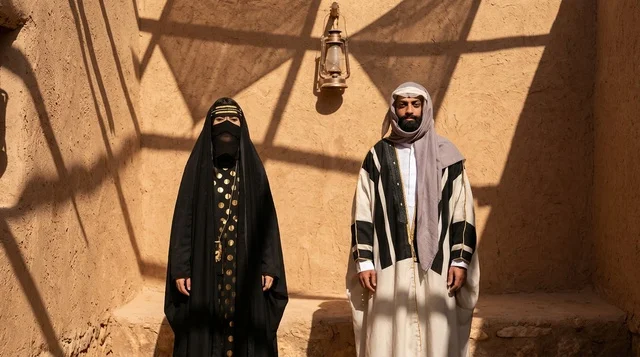 رجل وامرأة سعوديان بالزي التراثي التقليدي في قرية تاريخية
