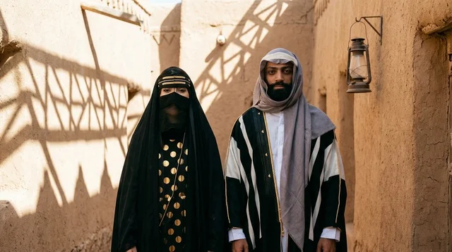 رجل وامرأة سعوديان بملابس تراثية في بيوت طينية قديمة