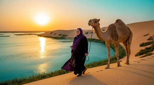 امرأة سعودية مع جمل في الصحراء وقت الغروب
