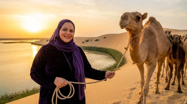 امرأة عربية مع جمل في الصحراء وقت الغروب