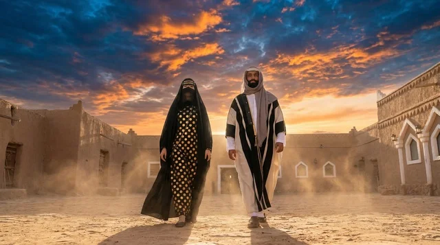 رجل وامرأة بزي سعودي تقليدي في قرية تراثية