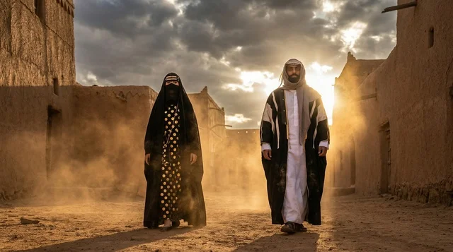 رجل وامرأة سعوديان في قرية تراثية وقت الغروب