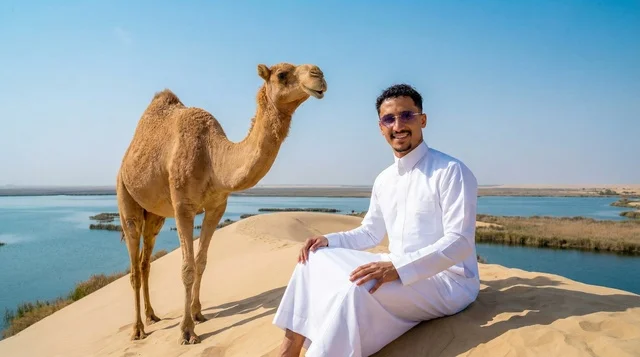 رجل سعودي بالثوب مع جمل عند بحيرة صحراوية