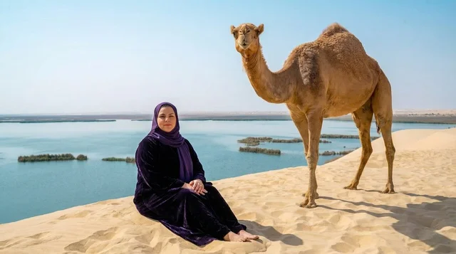 امرأة سعودية مع جمل على كثيب رملي أمام البحيرة