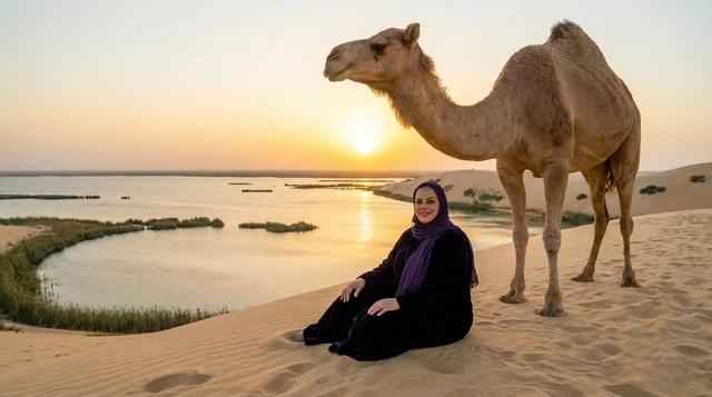 امرأة سعودية مع جمل في الصحراء وقت الغروب