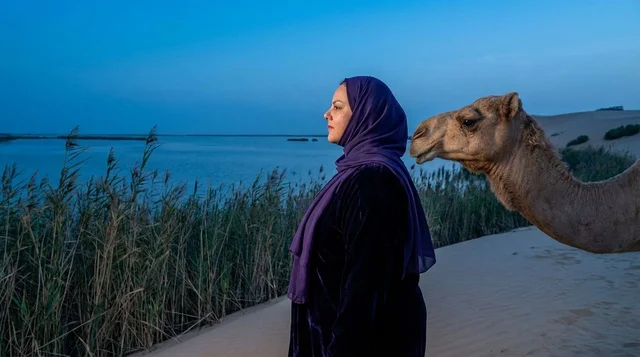 Egyptian Woman with Camel at Desert Lake During Blue Hour