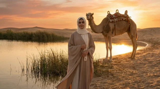 Emirati Woman with Camel at Desert Oasis Sunset