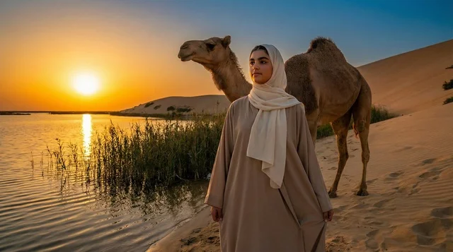 امرأة سعودية مع جمل بجوار بحيرة صحراوية وقت الغروب