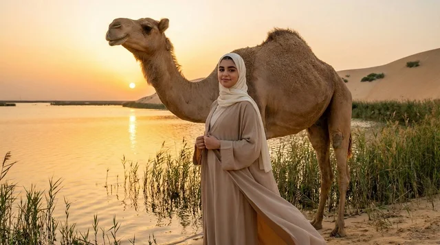 امرأة إماراتية مع جمل عند بحيرة صحراوية وقت الغروب