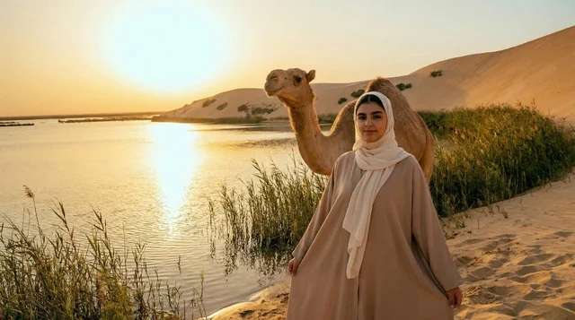 امرأة عربية مع جمل في واحة صحراوية وقت الغروب
