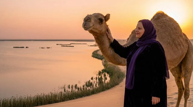 امرأة مصرية مع جمل عند بحيرة صحراوية وقت الغروب