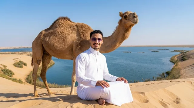 رجل سعودي مع جمل عند بحيرة الأصفر في الأحساء