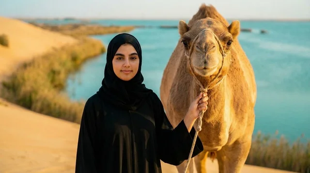 امرأة سعودية مع جمل بجوار بحيرة في الصحراء