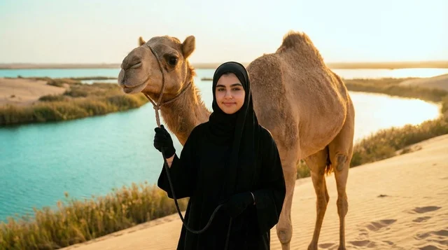 امرأة سعودية مع جمل في واحة صحراوية عند الغروب