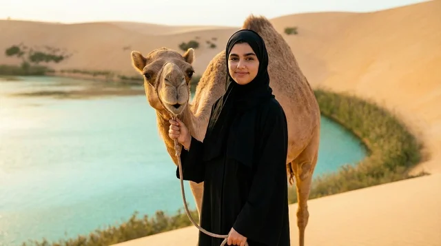 امرأة إماراتية مع جمل في واحة بحيرة صحراوية