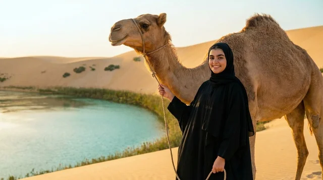 Saudi Woman with Camel at Desert Oasis Sunset