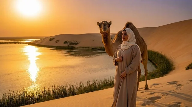 امرأة سعودية مع جمل في الصحراء وقت الغروب