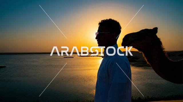 رجل سعودي مع جمل عند البحيرة وقت الغروب