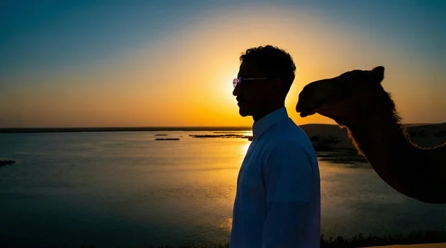 رجل سعودي مع جمل عند البحيرة وقت الغروب
