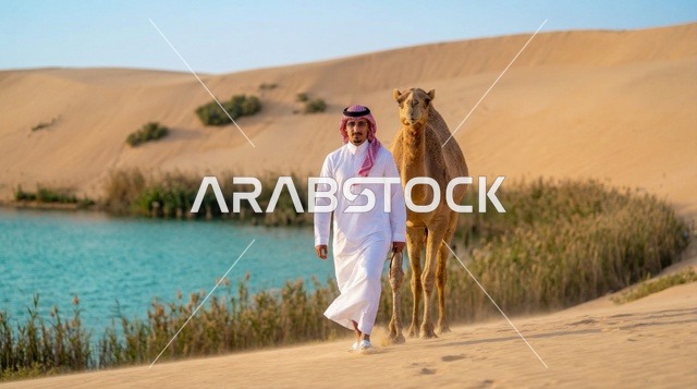 Saudi Man Walking with Camel by Desert Oasis Lake