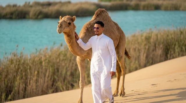 رجل سعودي بالثوب التقليدي يسير مع جمل في الصحراء