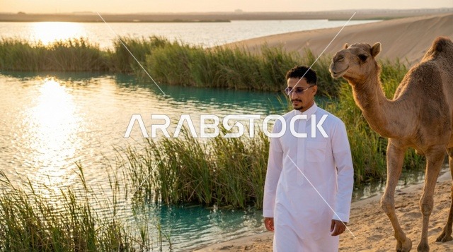رجل سعودي مع جمل بجوار بحيرة صحراوية وقت الغروب