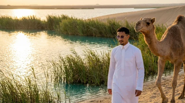 رجل سعودي مع جمل بجوار بحيرة صحراوية وقت الغروب