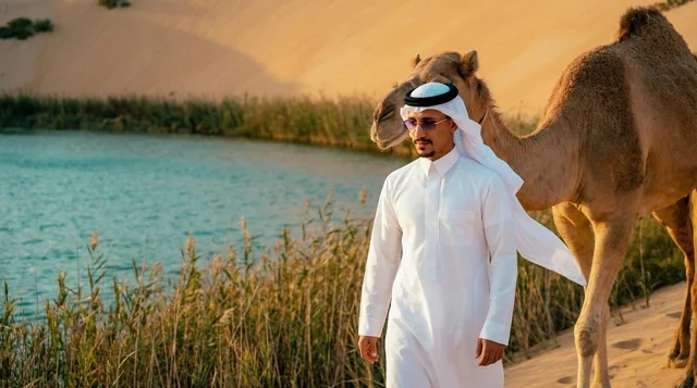 رجل سعودي مع جمل بجانب بحيرة صحراوية