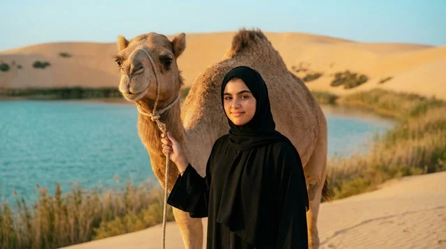 امرأة سعودية مع جمل عند بحيرة في الصحراء