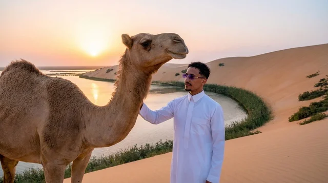 رجل سعودي مع جمل في الصحراء وقت الغروب
