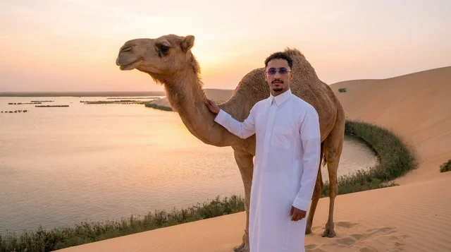 Saudi Man with Camel at Asfar Lake Desert Sunset