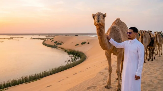 رجل سعودي مع الإبل عند بحيرة صحراوية وقت الغروب