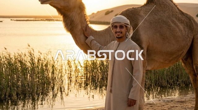 رجل إماراتي مع جمل في واحة صحراوية وقت الغروب