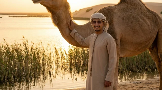 رجل إماراتي مع جمل في واحة صحراوية وقت الغروب