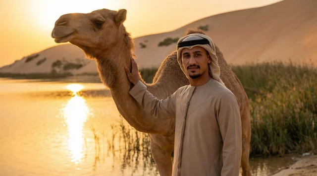 Emirati Man with Camel at Desert Lake Sunset
